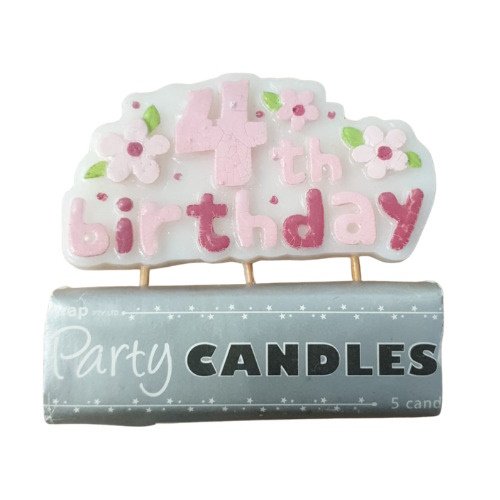 Cake-shaped candle reading '44th birthday' in pink with pink flower decorations, placed atop a blue roll labeled 'Party Candles'.