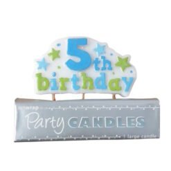 Cake-shaped birthday topper reading '5th birthday' in blue and green on a white cloud with stars, resting on a silver box labeled 'Party Candles'