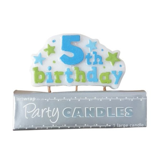 Cake-shaped birthday topper reading '5th birthday' in blue and green on a white cloud with stars, resting on a silver box labeled 'Party Candles'