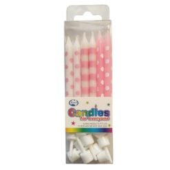 Pack of pink and white polka dot birthday candles in a clear plastic wrapper with white holders included at bottom.