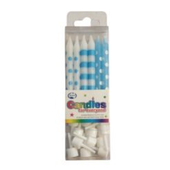 Clear plastic box containing blue and white striped and polka-dotted birthday candles with white wicks and white candle holders.