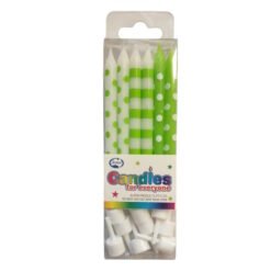 Boxed set of green and white striped and dotted birthday candles in plastic packaging with a candle-wick tip exposed at the top