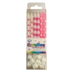 Clear plastic box holding a set of pink and white birthday candles with striped and polka-dot patterns, plus white candle toppers at the bottom.