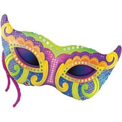 Colorful carnival masquerade mask with purple, yellow, and green swirls and dotted patterns.