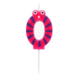 Pink and blue striped zero-shaped birthday candle with a wick on top.
