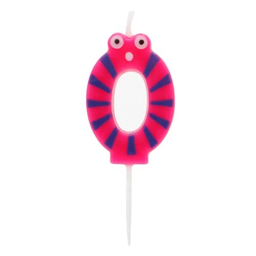 Pink and blue striped zero-shaped birthday candle with a wick on top.