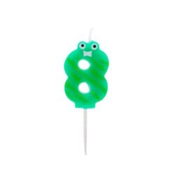 Green caterpillar-shaped birthday candle with two holes on a stick and a cartoon face.