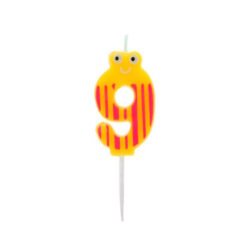 Yellow number 9 birthday candle with red stripes and a smiling face on a white background.