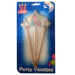 Five star-shaped birthday candles with glitter on wooden sticks, packaged for a birthday celebration in a blue box labeled Party Candles.