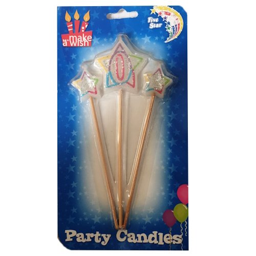 Five star-shaped birthday candles with glitter on wooden sticks, packaged for a birthday celebration in a blue box labeled Party Candles.