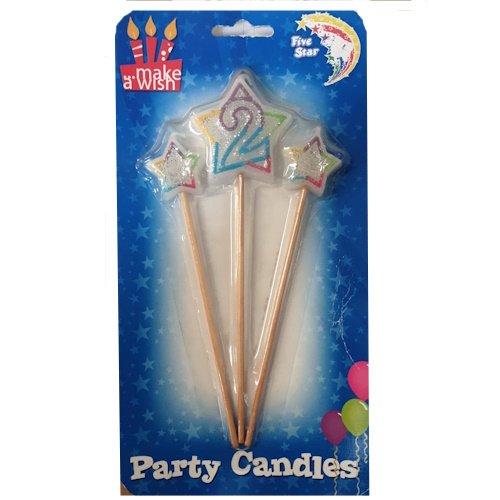 Star-shaped birthday candles with a blue number 2 in the center on wooden sticks, part of a Party Candles set.