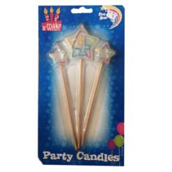 Five star-shaped birthday candles on wooden sticks, one with the number 4, in blue packaging labeled 'Party Candies' with 'Make a Wish' text.