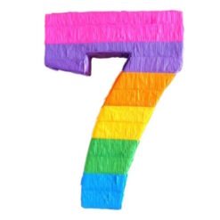 Rainbow-colored number seven made of tissue paper streamers (pink, purple, orange, yellow, green, blue)