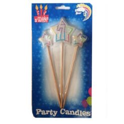 Three glittery star-shaped birthday candles on wooden sticks in blue packaging labeled 'Party Candles', with a pink '1' in the center.