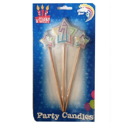 Three glittery star-shaped birthday candles on wooden sticks in blue packaging labeled 'Party Candles', with a pink '1' in the center.