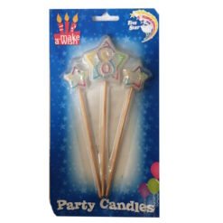Five star-shaped birthday candles on sticks in blue blister-pack labeled 'Party Candles' with glitter accents, 'Make a Wish' branding.