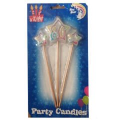 Three star-shaped birthday candles on sticks, shown in blue packaging labeled 'Party Candles' with a 'make a wish' logo above.