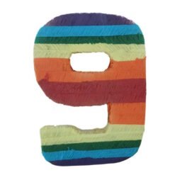 Textured rainbow number nine on a white background, with horizontal color bands from purple to blue, green, yellow, orange, and red