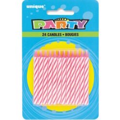 Pack of pink-and-white striped birthday candles (24) on a blue party-themed card with 'PARTY' logo and yellow circle background