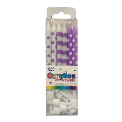 Pack of purple and white birthday candles with polka dots and stripes in a clear plastic blister pack