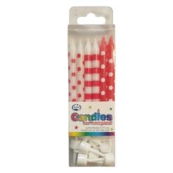 Clear plastic box containing assorted birthday candles: red-and-white striped and red-with-white-dots candles with white wicks, bundled for cake decorating.