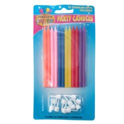 Pack of 12 rainbow-colored taper candles with white plastic holders in a blue blister package.