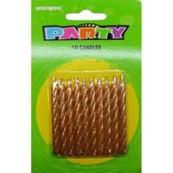 Pack of 10 twisted copper-brown birthday candles in a clear plastic tray on bright green packaging that reads PARTY.