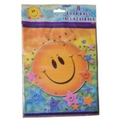 Eight loot bags featuring a large smiling sun and colorful stars on a rainbow background, shown in their package.