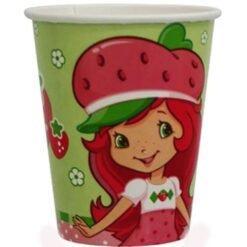 Green disposable cup featuring a cartoon girl with red hair wearing a oversized strawberry hat and strawberry decorations on a lime background, suitable for a children's party.