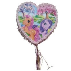 Heart-shaped My Little Pony foil balloon with two ponies and a scenic background, pink fringe edges, and hanging ribbons on a white background.