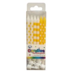 Pack of yellow and white striped and dotted birthday candles in a clear plastic box.